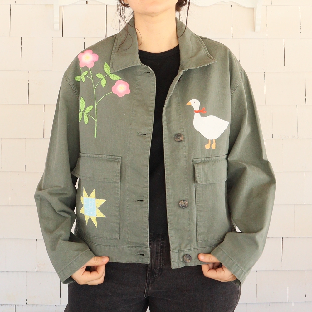 Hand Painted Olive Utility Jacket Rose Goose Patchwork Quilt Star L • XL • 2XL - Picture 11 of 13